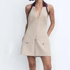 Women Clothing Autumn Design Stitching Bow Hanging Collar Dress