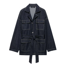 Load image into Gallery viewer, Women Clothing Autumn Polo Collar Belt Tooling Denim Coat
