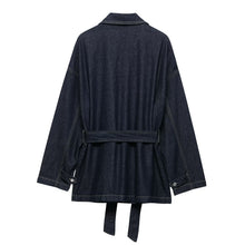 Load image into Gallery viewer, Women Clothing Autumn Polo Collar Belt Tooling Denim Coat
