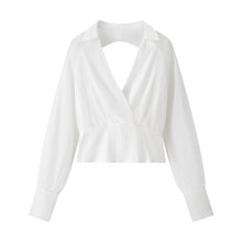 Load image into Gallery viewer, Vintage Collared Edge Deep V Plunge neck Long Sleeve Waist Short Shirt Bare Back plus High Waist Pleated Little Short Dress
