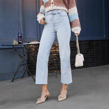 Load image into Gallery viewer, Women Casual High Waist Lace up Washed Straight Jeans

