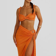 Load image into Gallery viewer, Summer Sexy Beach Vacation Swimsuit Woven Halter Top Top Split Skirt Set
