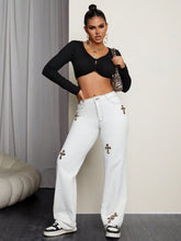 Load image into Gallery viewer, Women Straight Casual Leopard Print Cross Jeans
