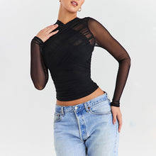 Load image into Gallery viewer, Sexy Mesh Stitching Zipper See through Long Sleeve Short Top

