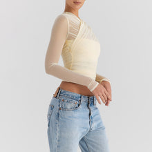Load image into Gallery viewer, Sexy Mesh Stitching Zipper See through Long Sleeve Short Top
