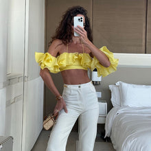 Load image into Gallery viewer, Halter Cropped Wrapped Chest Split Lace Sleeve Solid Color Top
