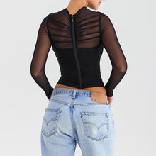 Load image into Gallery viewer, Sexy Mesh Stitching Zipper See through Long Sleeve Short Top
