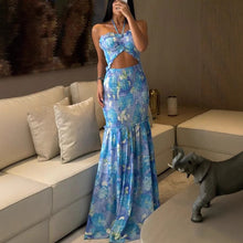 Load image into Gallery viewer, Spring Summer Halterneck Printed Pleated Dress Casual Loose Vacation Dress
