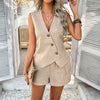 Button Cardigan Vest Short Set