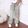 Women Clothing Holes Straight Loose Wide Leg Denim