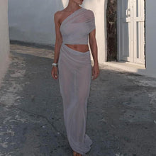 Load image into Gallery viewer, Mesh Waist Leakage Slant Shoulder Holiday Dress
