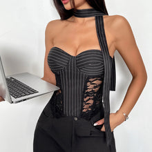 Load image into Gallery viewer, See through Lace Contrast Color Striped off-Shoulder Boning Corset
