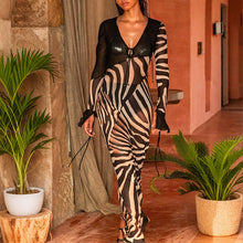 Load image into Gallery viewer, Summer Women Clothing Color Contrast Printed Sexy V neck Mesh Long Sleeve Dress
