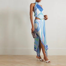 Load image into Gallery viewer, Summer Sexy Positioning Printing Satin Backless Top Irregular Asymmetric Skirt Two Piece Set

