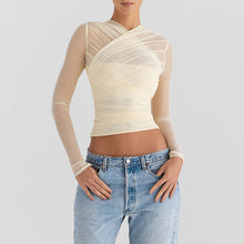 Load image into Gallery viewer, Sexy Mesh Stitching Zipper See through Long Sleeve Short Top
