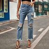 Women Clothing Raw Hem Ripped Slim Fit Slimming Jeans Straight Ankle Length Pants