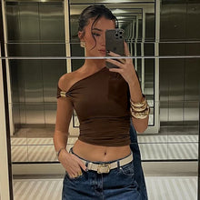 Load image into Gallery viewer, Single Sleeve off the Shoulder Asymmetric Pleated Crop Top
