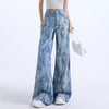 Trend Blue Tie Dyed Jeans Women Loose Straight Micro Pull High Street Retro Casual Trousers