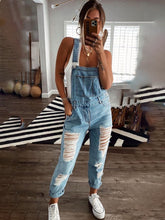 Load image into Gallery viewer, New style casual commuting ripped mid-waist denim jumpsuit
