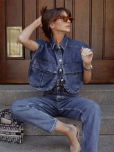 Load image into Gallery viewer, Solid Color Big Pocket Sleeveless Lapel Shirt Denim Top
