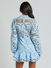 Load image into Gallery viewer, Lapel Lantern Long Sleeve A-line Ruffle Hollow Lace Dresses
