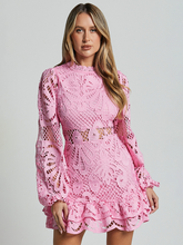 Load image into Gallery viewer, Lapel Lantern Long Sleeve A-line Ruffle Hollow Lace Dresses
