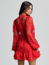 Load image into Gallery viewer, Lapel Lantern Long Sleeve A-line Ruffle Hollow Lace Dresses
