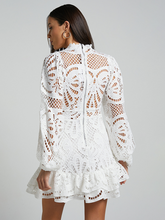Load image into Gallery viewer, Lapel Lantern Long Sleeve A-line Ruffle Hollow Lace Dresses

